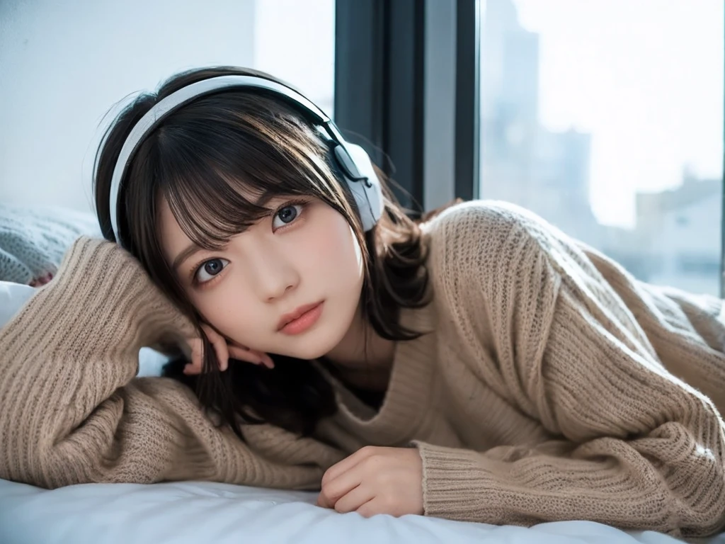 A detailed anime girl, wearing a large sweater, wearing headband headphones, lofi, tranquil, quiet vibes, chilling, in her bedroom looking at the window, night, quiet night, cat, masterpiece, best quality