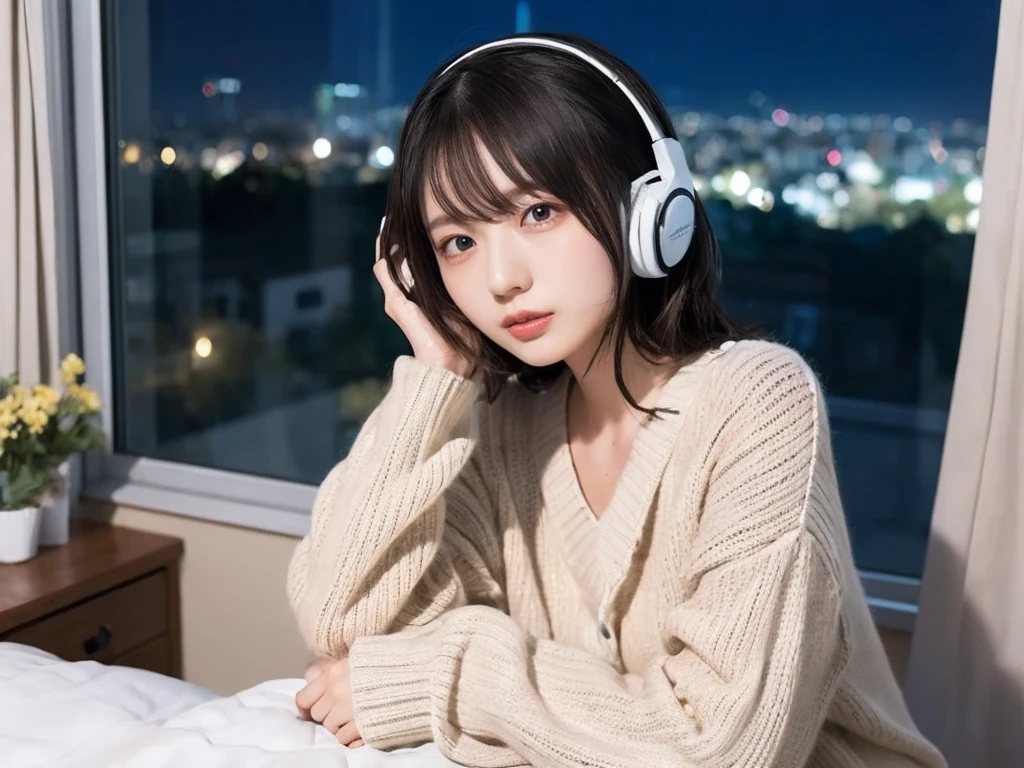 A detailed anime girl, wearing a large sweater, wearing headband headphones, lofi, tranquil, quiet vibes, chilling, in her bedroom looking at the window, night, quiet night, cat, masterpiece, best quality