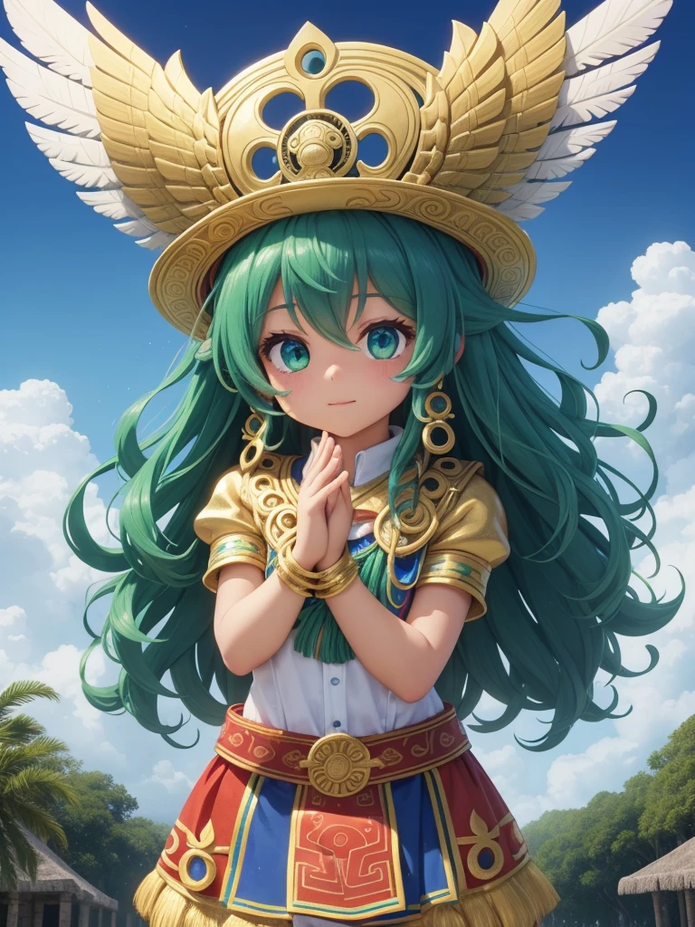 Childish, high quality、Very detailed、８Year、Mayan Aztec young priestess、Flying Feathered Serpent（Quetzalcoatl Kukulkan）look up at the sky and pray、Chichen Itza Forest Temple of the Sun、mysterious、whole body