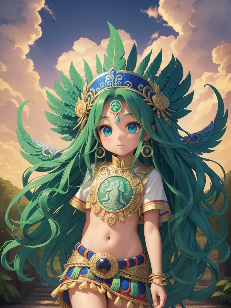 Childish, high quality、Very detailed、8Year、Mayan Aztec young priestess、Flying Feathered Serpent(Quetzalcoatl Kukulkan)look up at the sky and pray、Chichen Itza Forest Temple of the Sun、mysterious、whole body