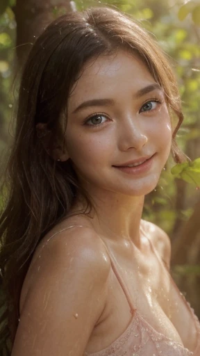 D40-24-35 firmed body , natural young breast-D40 drop-shape, nice big areola Dark shadow, height-175cm weight-58kg,
Long Hazel Gold light-brown Hair, rich Quality, 1girl, Solo,
bright round wide big eye x1.08, detailed eye, high quality moist eye, large pupil Blue eyes, big-light-glowing-eye,
Body arouse blush tighten, face blush, anglic glow skin, high Dopamine hypersexuality,
Wet soak moist-dress-organza fabric white pure bright - transparent Light short pajamas, young 16 year old, no face wrinkle , natural balanced tight v-face , Hifu pico ulthera face, thin asean lip, happy-shy-smile,
Forest scene, wide, Orange-yellow-leaves, angel glow fairy atmosphere, late afternoon sun light 45 degree, Heavy Rain,
bokeh background, look at camera, front face focused, Looking stare to viewer, half body down to hip image,