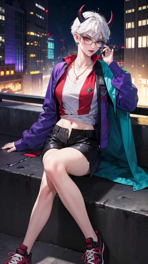 8k, masterpiece, best quality, highly detailed, 1 girl, tiefling, warlock, pixie cut, multicolored hair, very short straight hair green highlight hair on white hair, strippled hair, wearing glasses, round glasses, sexy, earrings, navel piercing, red eyeshadow, long eyelashes, blushed cheek, red lips, necklace, rings, collarbone, mole on face, glamorous, wearing large jacket, teal clothing, purple clothes, smirk, fullbody view, rings, looking at viewer, demon horns, solo, city, nighttime, sitting, white shirt, sneakers,, short pants, black legging.