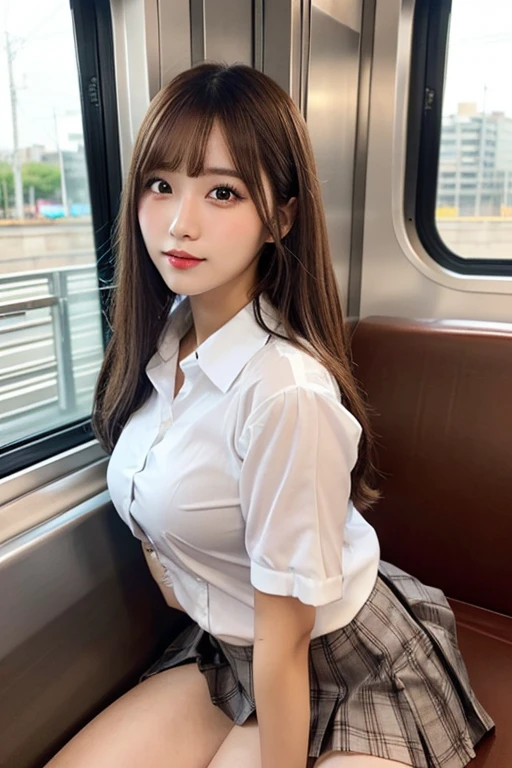 (Tabletop, Highest quality, One Girl,Show off her white panties1.6Squat (beautiful girl, Cosplayers:1.3), (28 years old:1.2), Definition of Very Fine Particles, (Symmetrical eyes:1.3), (Beautiful views, Sit in a long seat on the train), (Low angle shot, From below, Front view:1.3), (school uniform, White shirt, mini skirt:1.3), Beautiful, HUGE breasts, Brown eyes, Parted bangs, Brown Hair, BOKEH, SAFE FOR WORK, SFW)