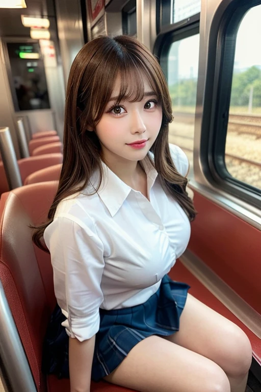 (Tabletop, Highest quality, One Girl,Show off her white panties1.6Squat (beautiful girl, Cosplayers:1.3), (28 years old:1.2), Definition of Very Fine Particles, (Symmetrical eyes:1.3), (Beautiful views, Sit in a long seat on the train), (Low angle shot, From below, Front view:1.3), (school uniform, White shirt, mini skirt:1.3), Beautiful, HUGE breasts, Brown eyes, Parted bangs, Brown Hair, BOKEH, SAFE FOR WORK, SFW)