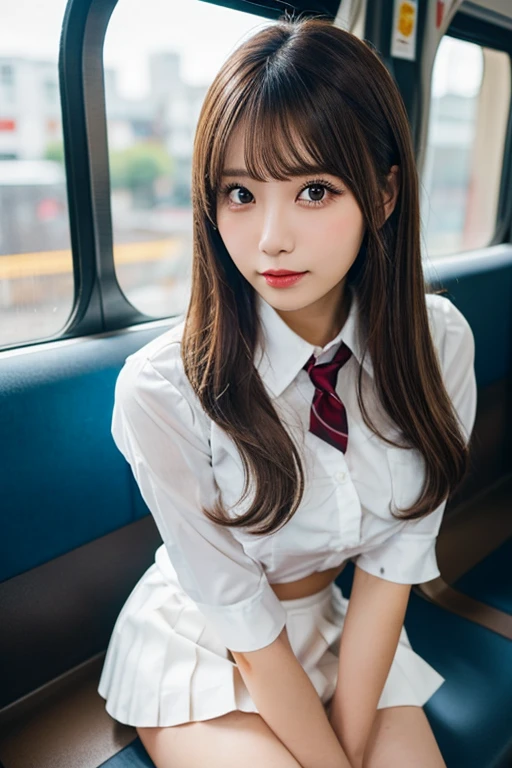 (Tabletop, Highest quality, One Girl,Show off her white panties1.6Squat (beautiful girl, Cosplayers:1.3), (28 years old:1.2), Definition of Very Fine Particles, (Symmetrical eyes:1.3), (Beautiful views, Sit in a long seat on the train), (Low angle shot, From below, Front view:1.3), (school uniform, White shirt, mini skirt:1.3), Beautiful, HUGE breasts, Brown eyes, Parted bangs, Brown Hair, BOKEH, SAFE FOR WORK, SFW)