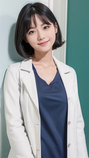 masterpiece, Highest quality, (RAW Photos:1.3), Realistic, Upper body photo, Beautiful adult woman, 24-years-old, beauty, Long face, long. Straight short black hair, Symmetrical face, Symmetrical eyes, (Old-fashioned smile:1.2), (Navy blue t-shirt, Wearing a white coat, Very small breasts:1.4), intellectual, A neat and clean female teacher, ((nursing teacher, Health Room:1.2))