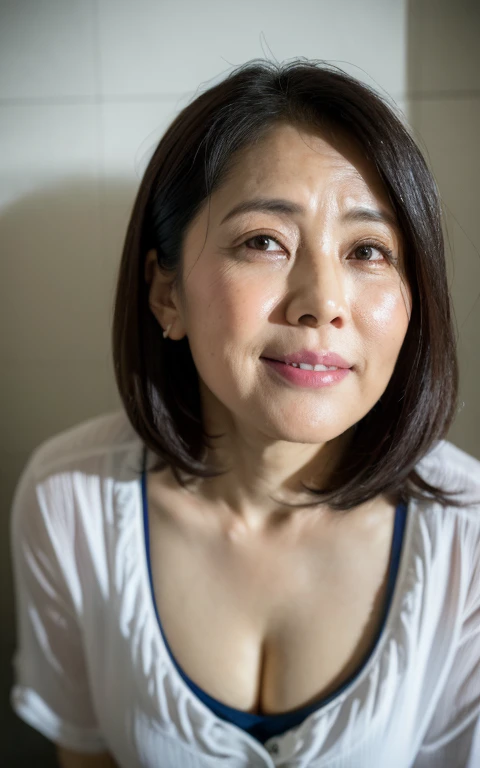 ((Best Quality, 8k, Masterpiece, Portrait: 1.3, Photorealistic)), (from below, looking at viewer), (cowboy shot:1), Sharp Focus, Solo, Japan Milf, Beauty, (joy expression), Cloth with Cleavage View, 35 Years Old, long Hair, Wrinkles:0.3, Emphasized, gorgeous bra, wet bathroom floors,