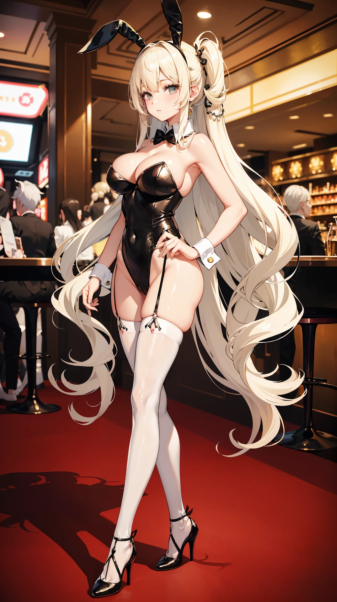 ((Best Quality)), (ultra-detailliert), ((Extremely detailed)), (Beautiful), ((Kawaii Girl)), (two side up hair)、((masutepiece)), ((Platinum Blonde Hair)), Long hair, Hair between eye, Wavy Hair, Long sideburns, Jade-colored eyes, White skin, Colossal tits、(Rabbit ears), Slender body, ((Black Playboy bunny)), Fishnet tights, High heels , ((Casino)), Standing, One Woman, Anime