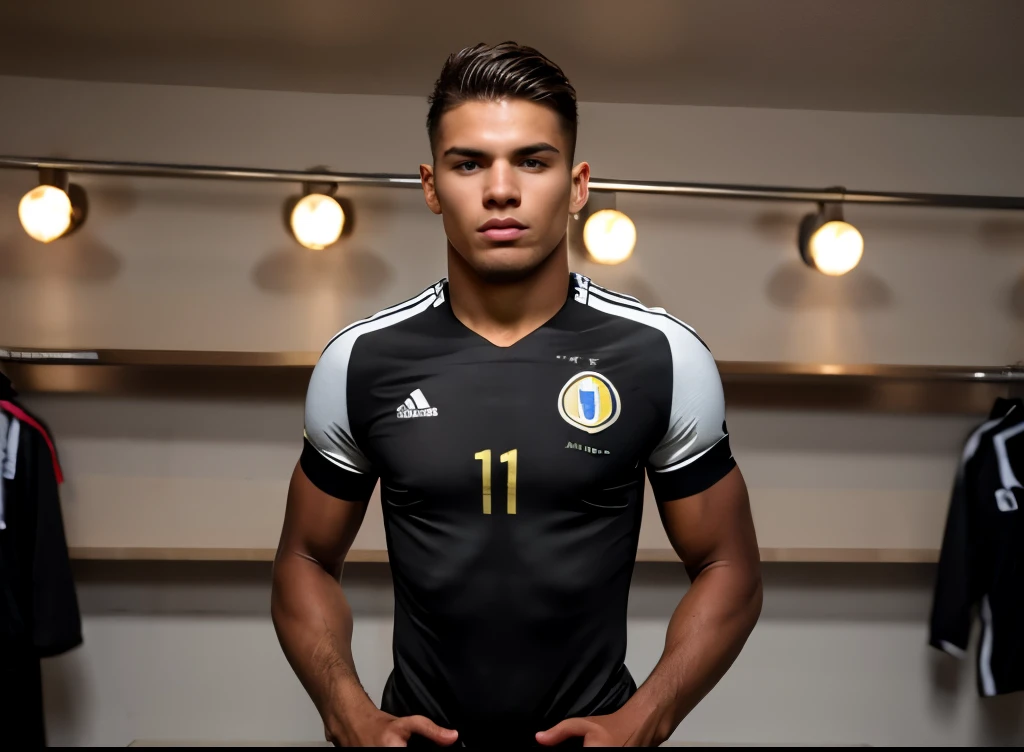 A tall muscular Colombian soccer player, 21 years old, wearing a black jersey, with tanned skin, short brown hair, buzzcut, posing for a portrait in the dressing room, highly detailed, photorealistic, 8k, award winning, cinematic lighting, beautiful colors