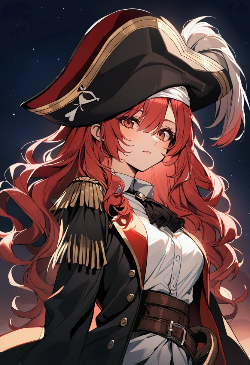1woman, red hair, wavy hair, military coat, white shirt, pirate hat, night sky background