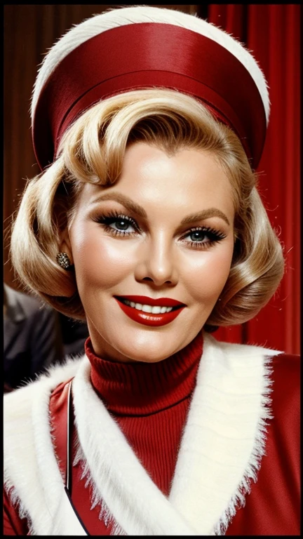 Kim Novak wearing traditional Belgian clothes wearing lipstick and smiling