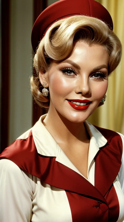 Kim Novak wearing traditional Belgian clothes wearing lipstick and smiling