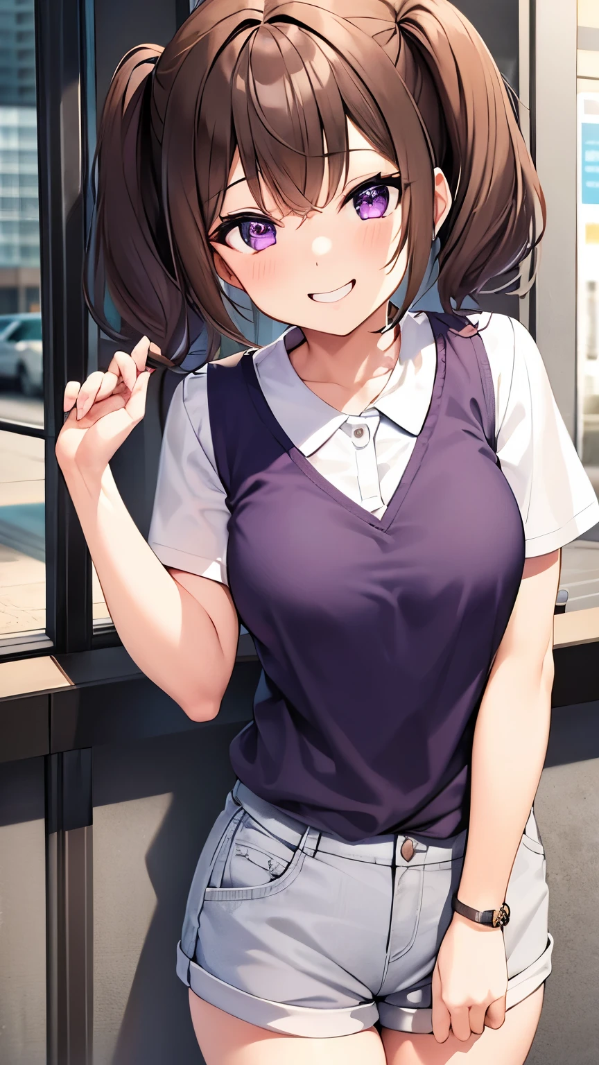 Girl, twintail short hair, brown hair, purple eyes, cute girl, smile, white long shirt shirt, hotpants, city