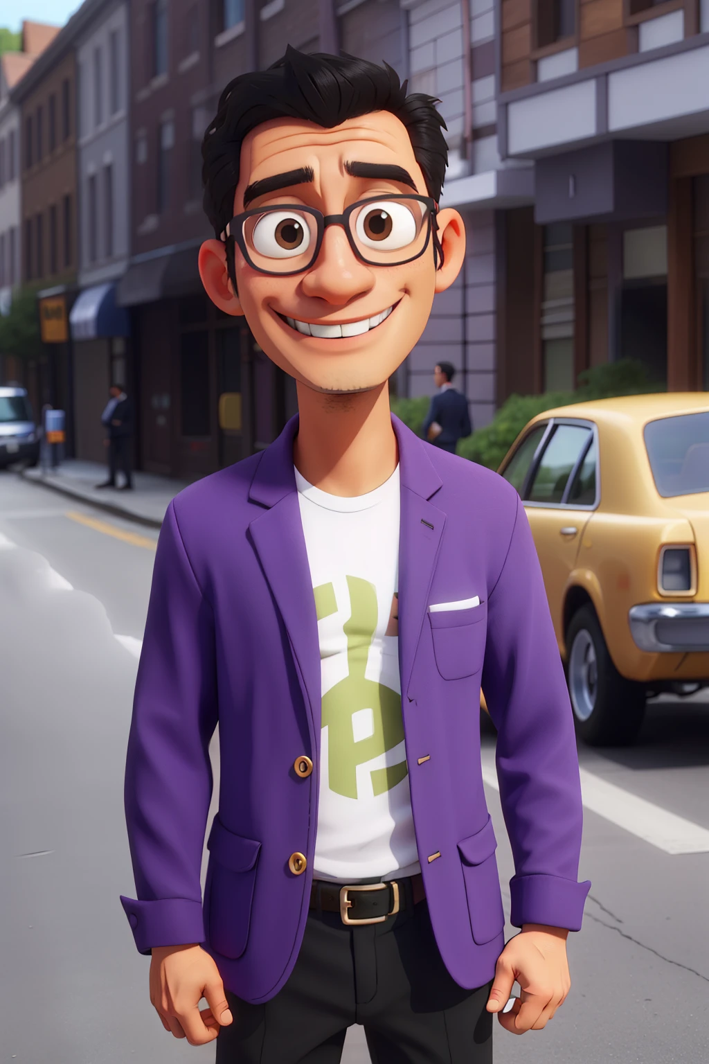 (best quality,high resolution,Extremely detailed) A 40-year-old man with black hair and oriental hair wearing white clothes, Wearing gold-rimmed glasses, . He has short hair.On the Street. Wearing a purple shirt.Black machine blazer .Wearing a tie, raise your right hand and make a fist.Front with one hand in pocket,Carrying camera on chest.,Have dimples
