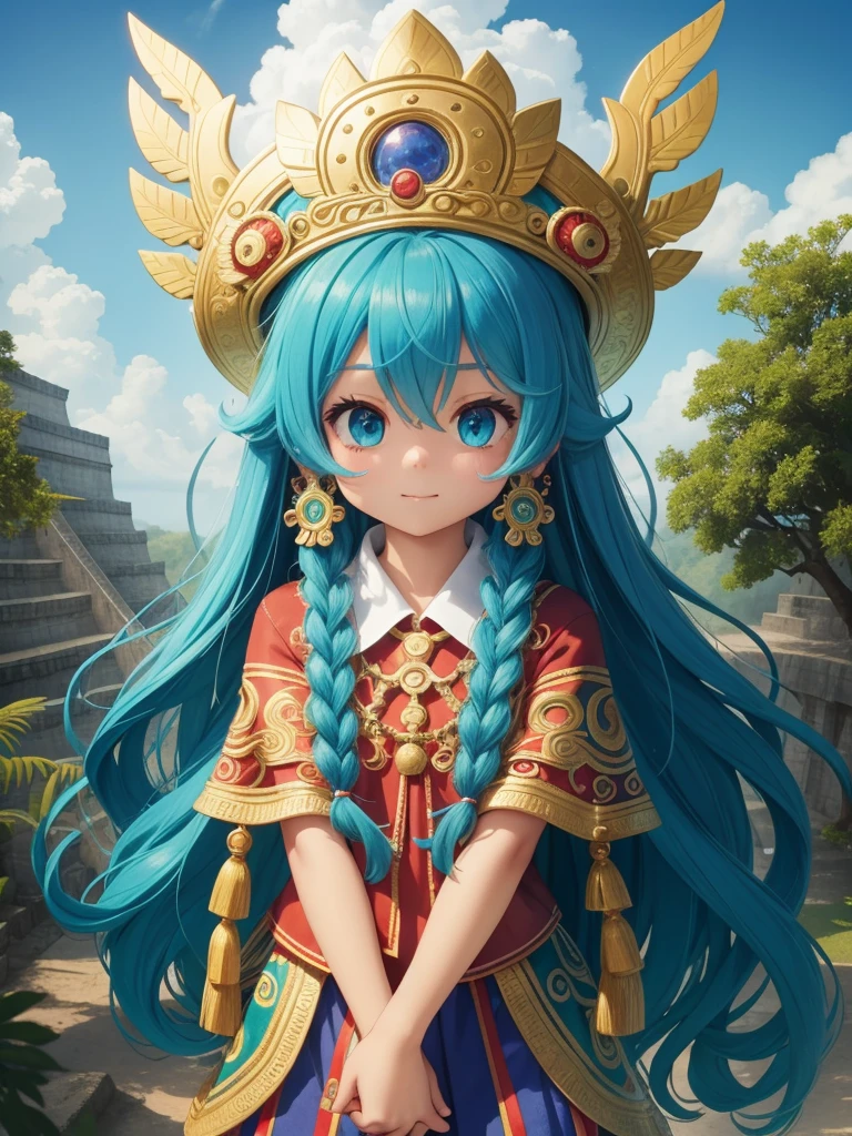 Childish, high quality、Very detailed、8Year、Mayan Aztec young priestess、Flying Feathered Serpent(Quetzalcoatl Kukulkan)look up at the sky and pray、Chichen Itza Forest Temple of the Sun、mysterious、whole body