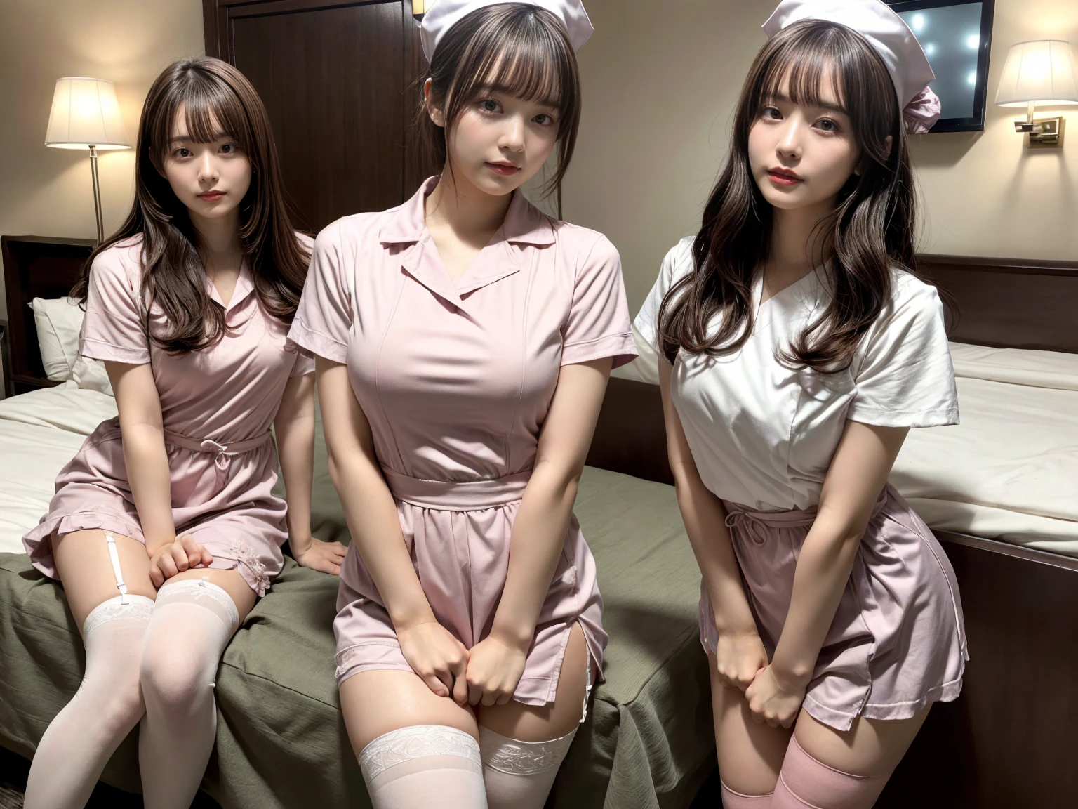 masterpiece, best quality, illustration, Super detailed, fine details, High resolution, 8K,wall paper, perfect dynamic composition,(Details High quality, realistic depiction of eyes:1.3), (3 girls), ((nurse cap, short sleeves, light pink nurse wear, ((white legwear, zettai ryouiki)))), sitting, open legs, short bob hair, in a hotel room in the background, deep on field, large breasts, black hair color, Big Natural Color Lip, (perfect body shape), crying a little、Harajuku style、20 year old girl、cute type、beautiful legs, Gravure Idol