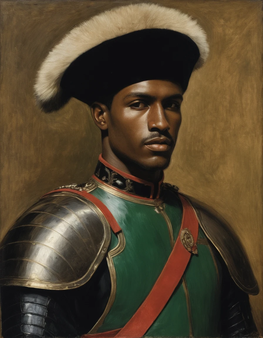 {{Masterpiece, best quality, oil painting, by Franz von Stuck, male focus, muted colors}}, the composition is: (((a dramatic half body portrait of a 20 years old ancient Praetorian guard, sexy, bronze skin, magnificent, wearing a beige Russian fur hat, he is wearing a red diamond shape pendant))). ((((He is wearing a black and dar green lorica uniform made of velvet and alligator leather with ronin inspired elements, Slavic inspired elements, wearing a satin sash))).
