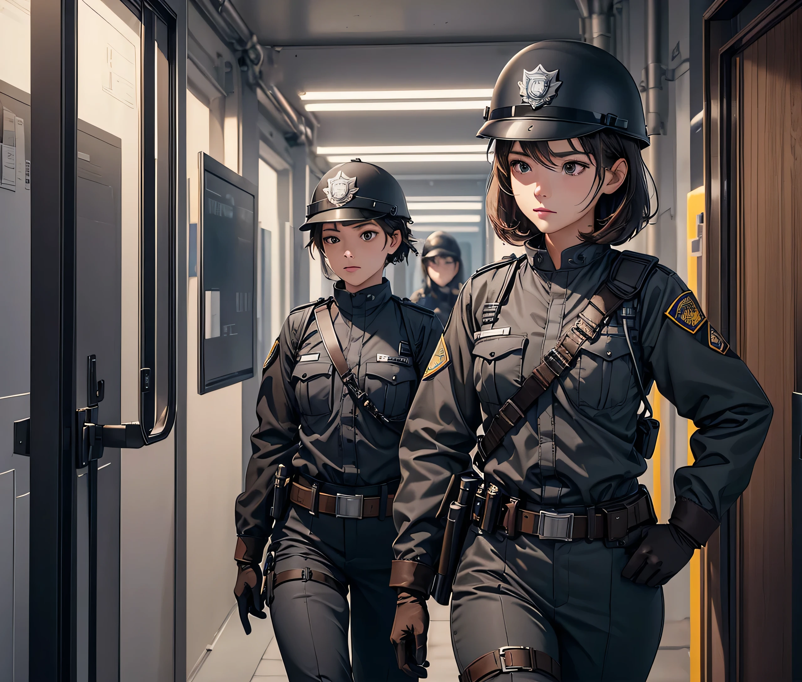 A group of female police officers wearing gray autumn uniforms、Wear a steel helmet、Gloves、Brown belt、Brown shoulder straps、Corridor patrol、Write details、masterpiece、best quality、Highly detailed CG、8K picture quality