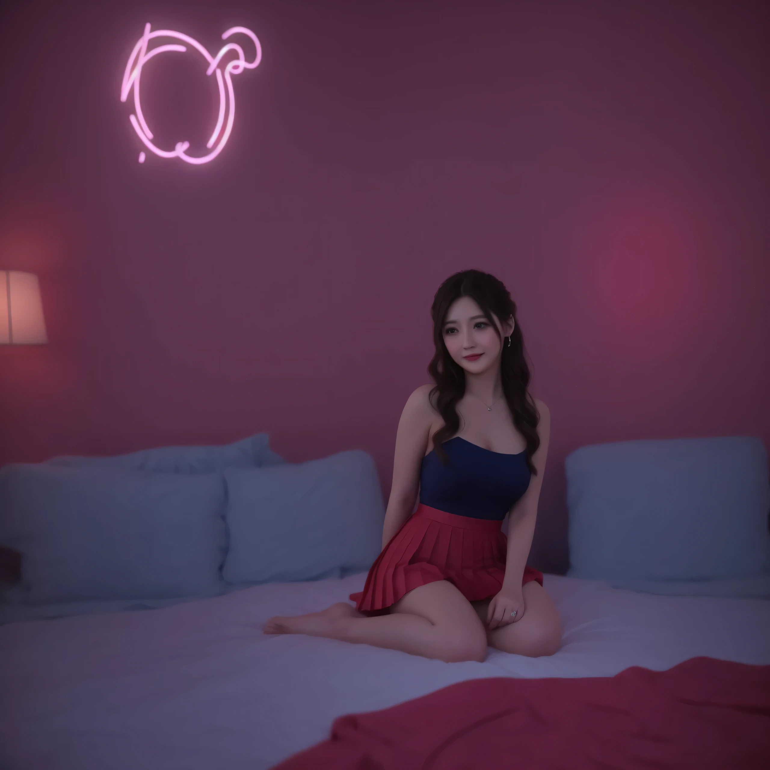 American woman, Intimate, face blush, red blushy cheeks, long wavy hair, feeling excited, beautiful thighs, in love, wearing wedding outfit with mini pleated skirt