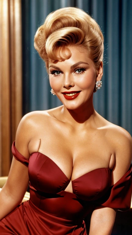 Kim Novak in sexy clothes with lipstick and smiling