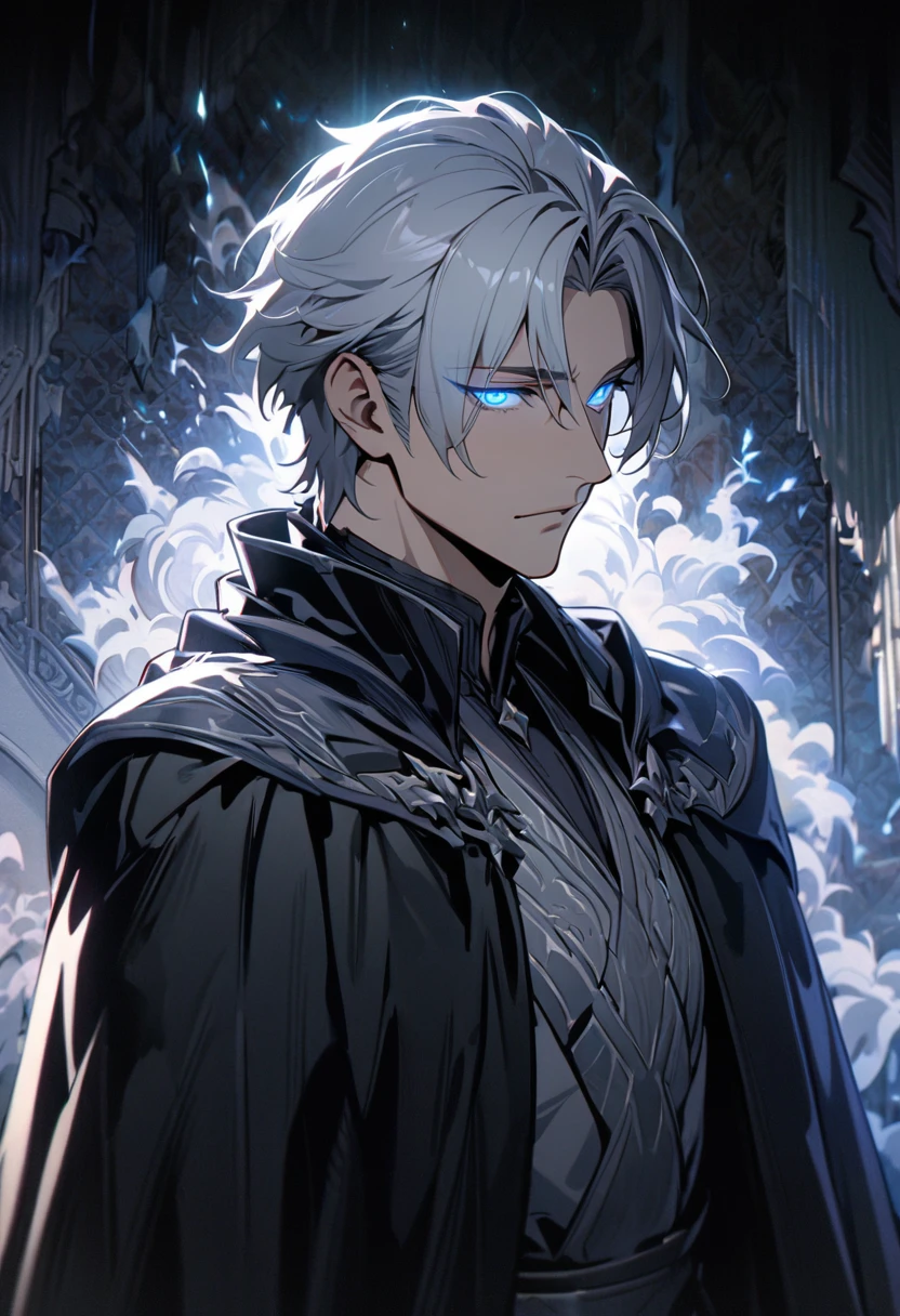 male, solo, handsome,  silver hair, shadow, experienced, dark silver general cloak, blue eyes, beautiful eyes, glowing eyes, high detail, masterpiece, wallpaper, villain, middle-age, silver aura, holo, macro picture, mature, anti hero, parted bang, short hair, spruce wearing