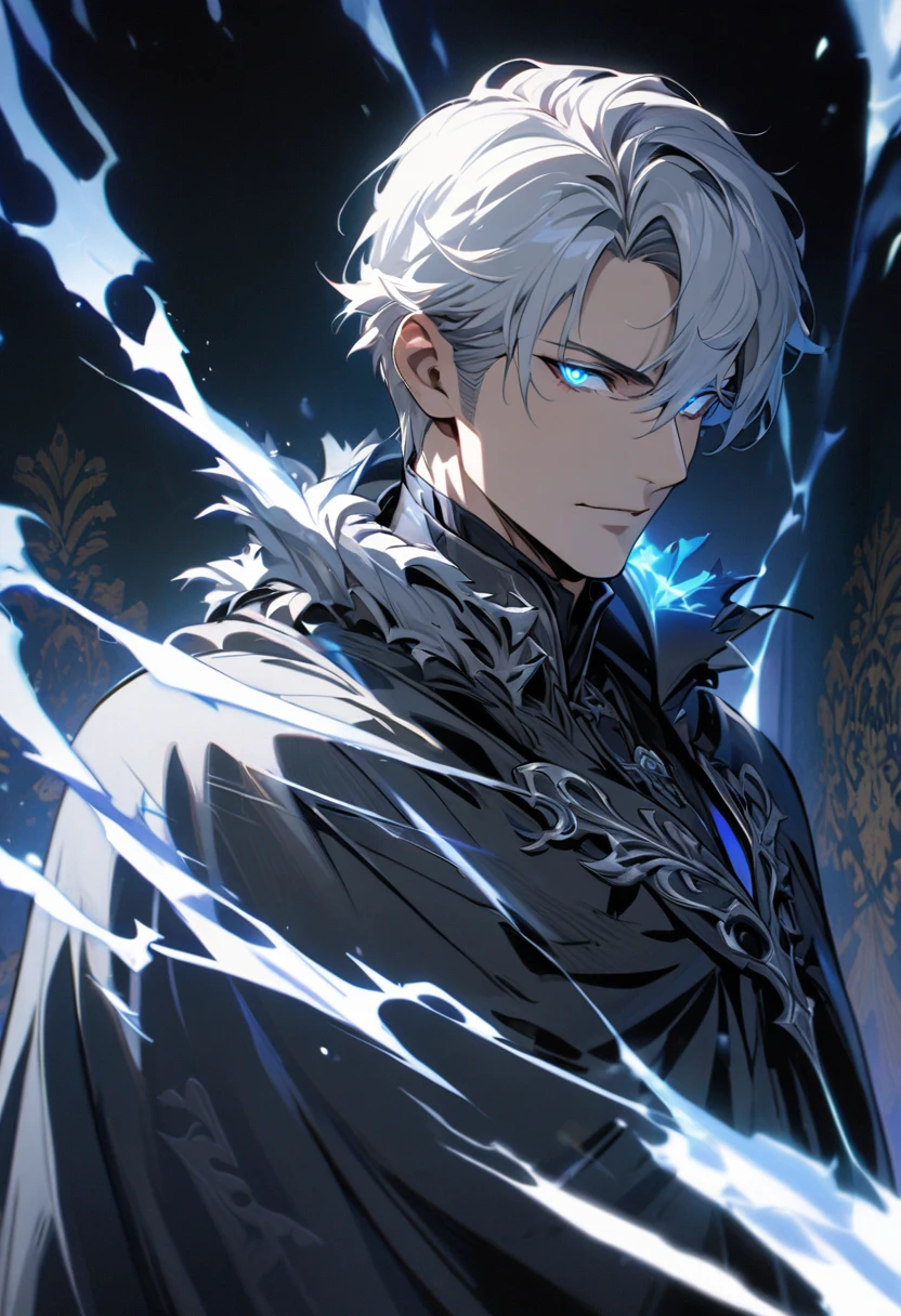 male, solo, handsome,  silver hair, shadow, experienced, dark silver general cloak, blue eyes, beautiful eyes, glowing eyes, high detail, masterpiece, wallpaper, villain, middle-age, silver aura, holo, macro picture, mature, anti hero, parted bang, short hair, spruce wearing