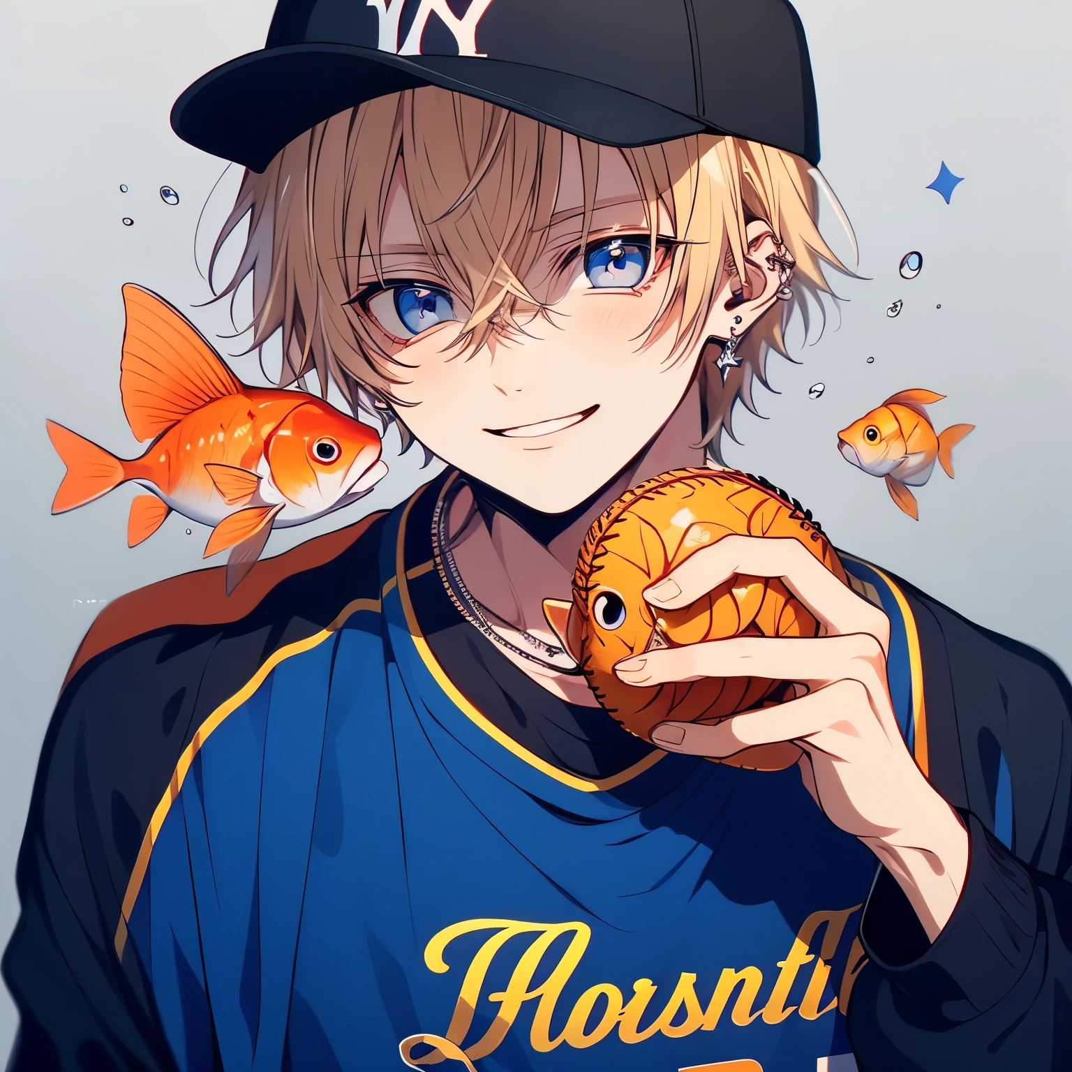 (masterpiece), Highest quality, Ultra-high resolution,male、Brown Hair、Short Hair、Blue eyes、Blue clothes、Goldfish、tropical fish、(baseball:1.3)、smile
