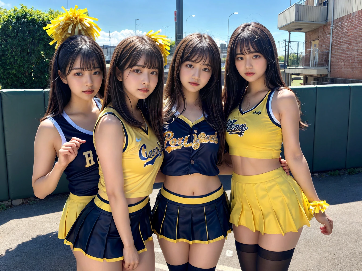 masterpiece, best quality, illustration, Super detailed, fine details, High resolution, 8K,wall paper, perfect dynamic composition,(Details High quality, realistic depiction of eyes:1.3), (3 girls), BREAK (cheerleader uniform with yellow as basic color:1.3), (holding a yellow pompoms in hand:1.4), (sleeveless yellow tunic with baseball team logo:1.4), yellow tops, (bold V-neck:1.3), ((Blue lines, black lines) on tops:1.3), ((fit and flare, A-line):1.3), (A-line yellow rah-rah skirt:1.3), mini skirt, (black socks:1.3), (sports shoes:1.2), sitting, open legs, short bob hair, in a hotel room in the background, deep on field, large breasts, black hair color, Big Natural Color Lip, (perfect body shape), crying a little、Harajuku style、20 year old girl、cute type、beautiful legs, Gravure Idol