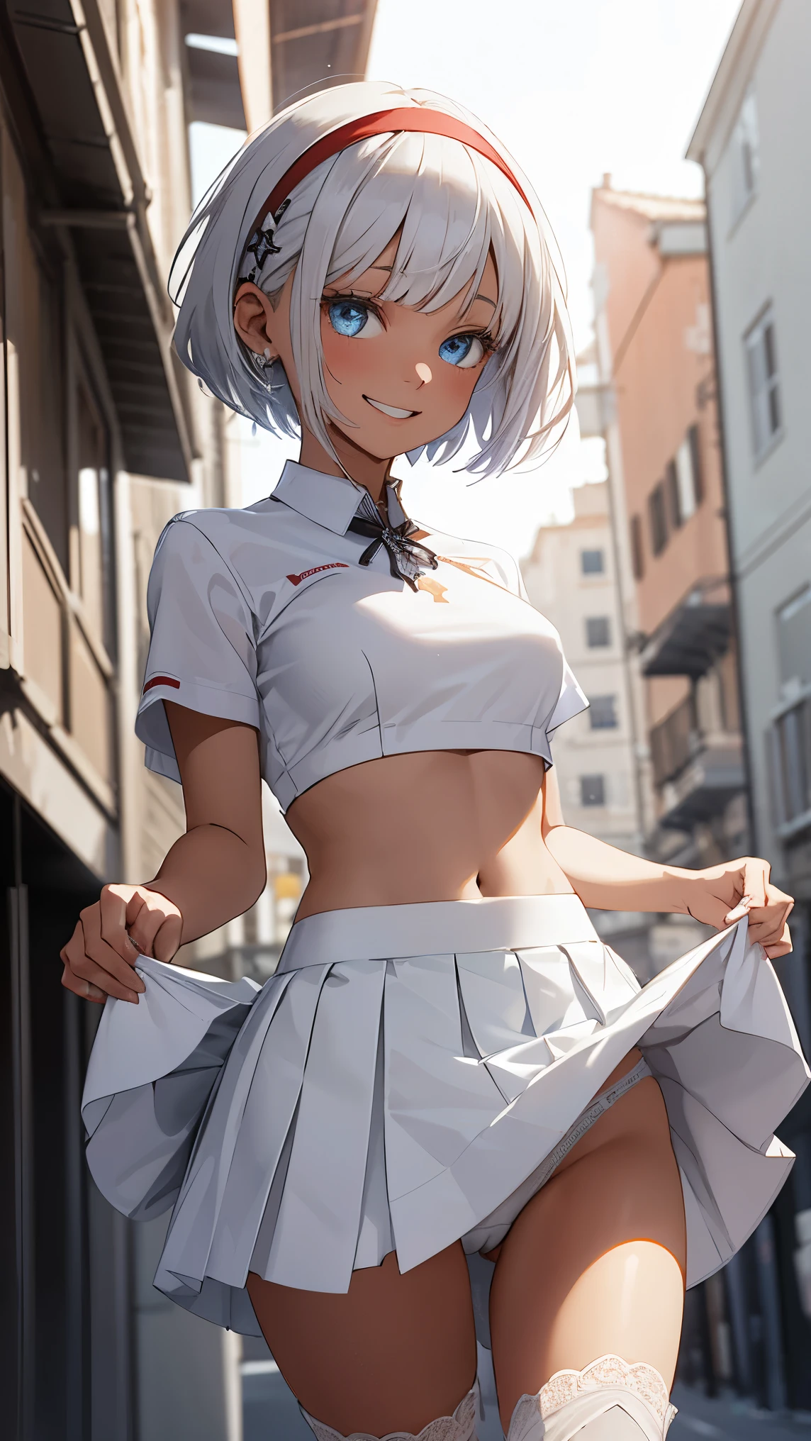 low angle shot, cowboy shot, from the front、(((((skirt lift))))), (((Showing white panties))), anniversary, 1 Girl、Beautiful silver hair、((((Very short hair))))、Blue eyes、(hair band)、((Blunt bangs)), small breasts、underboob, 22 years old, (tsurime), Tight waist、happy smile、Natural lighting、Very cute face, Cute pose、Monte Carlo Street Circuit, paying meticulous attention to detail, Lace-up boots, Short sleeve, Cropped tops, Knee-length, Exposing shoulders, Knee-lengthグリッターナイロンプリーツスカート, Promotional wear with logo, Red and white glitter promotional wear、Shallow depth of field