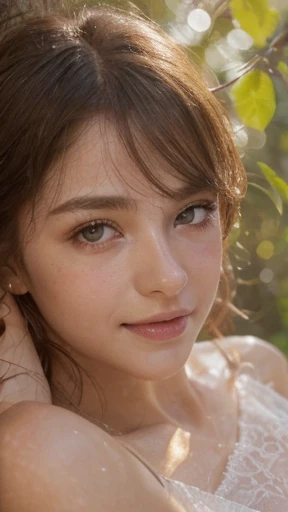 D40-24-35 firmed body , natural young breast-D40 drop-shape, nice big areola Dark shadow, height-175cm weight-58kg,
Long Hazel Gold light-brown Hair, rich Quality, 1girl, Solo,
bright round wide big eye x1.08, detailed eye, high quality moist eye, large pupil Blue-gold eyes, big-light-glowing-eye,
Body arouse blush tighten, face blush, anglic glow skin, high Dopamine hypersexuality,
Wet soak moist-dress-organza fabric white pure bright - transparent Light short pajamas, young 16 year old, no face wrinkle , natural balanced tight v-face , ulthera face, thin asean lip, happy-shy-smile,
Forest scene, wide, Orange-yellow-leaves, angel glow fairy atmosphere, late afternoon sun light 45 degree, Heavy Rain,
bokeh background, look at camera, front face focused, Looking stare to viewer, half body down to hip image,