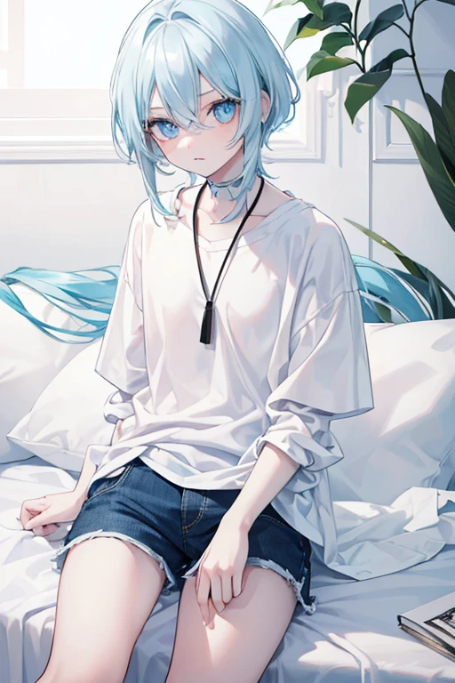 totally white skin, and light blue pupils, aquamarine hair, made entirely of porcelain, long white eyelashes, soft look, Chico, young, white shirt and shorts