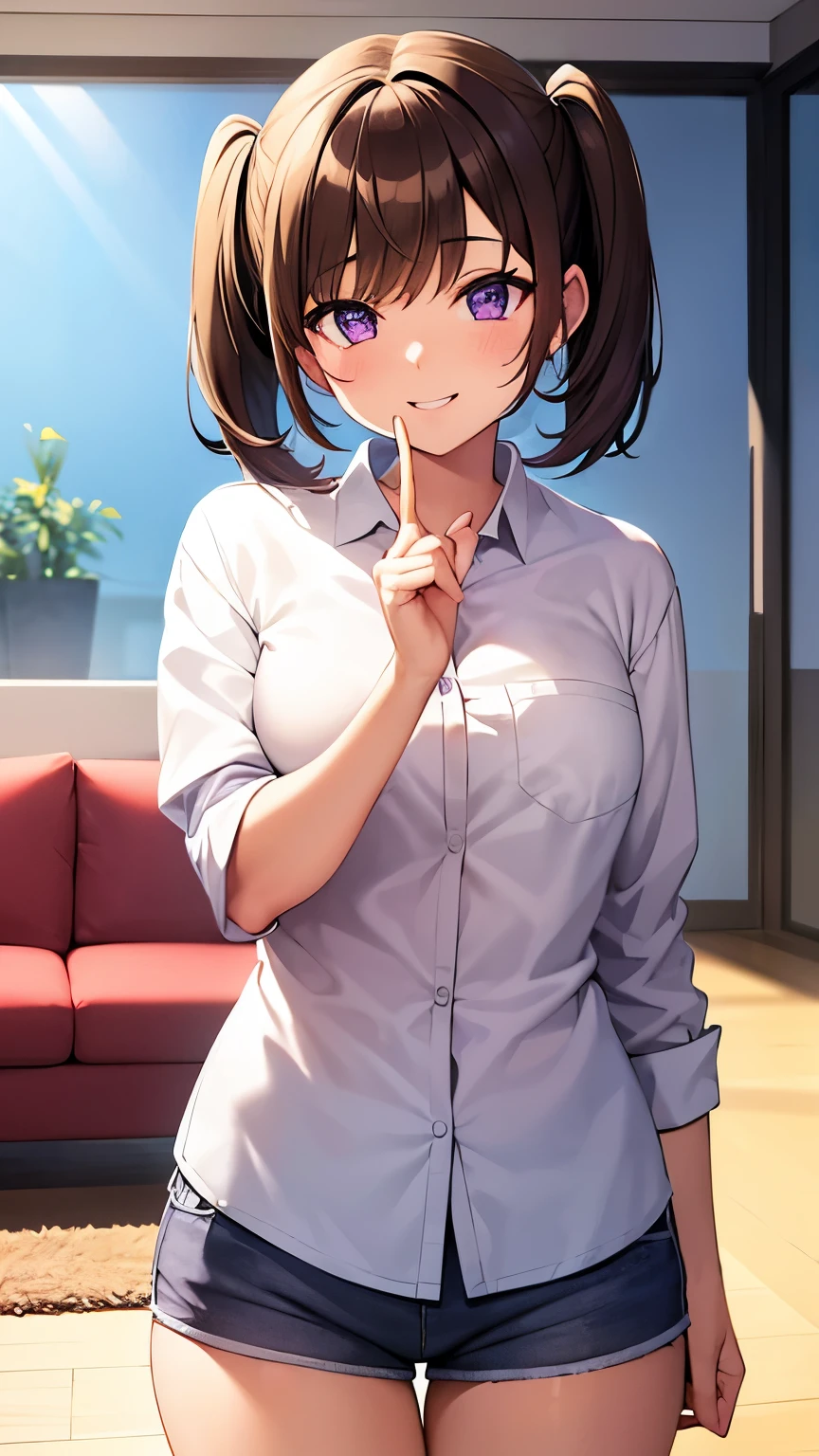 Girl, twintail short hair, brown hair, purple eyes, cute girl, smile, white long shirt shirt, hotpants, living room 