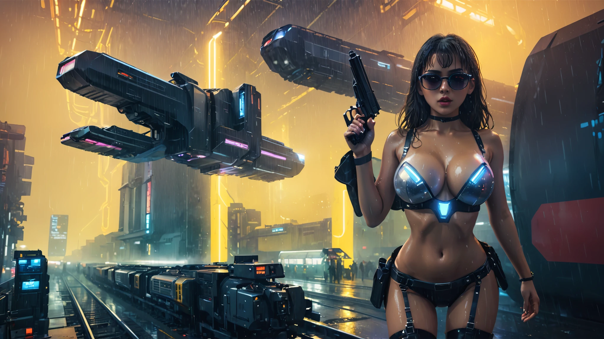 (aerial view), Blade Runner style futuristic railway platform, hi-tech train, neon lights, rainy night. (((1girl, solo, alone))), large-breast:1.1 D-cup slim:0.9 body, cleavage:1.1, sexy miniskirt, (black sunglasses), ((holding a mini:1.2 pistol)), dynamic pose, half-body thigh level medium shot, cinematic lighting, ray tracing.