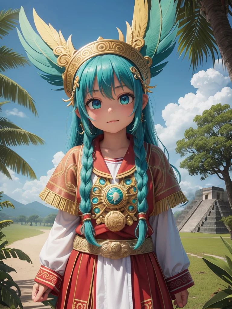 Childish, high quality、Very detailed、８Year、Mayan Aztec young priestess、Flying Feathered Serpent（Quetzalcoatl Kukulkan）look up at the sky and pray、Chichen Itza Forest Temple of the Sun、mysterious、whole body