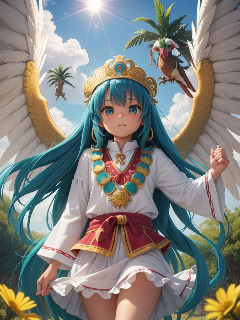 Childish, high quality、Very detailed、８Year、Mayan Aztec young priestess、Flying Feathered Serpent（Quetzalcoatl Kukulkan）look up at the sky and pray、Chichen Itza Forest Temple of the Sun、mysterious、whole body