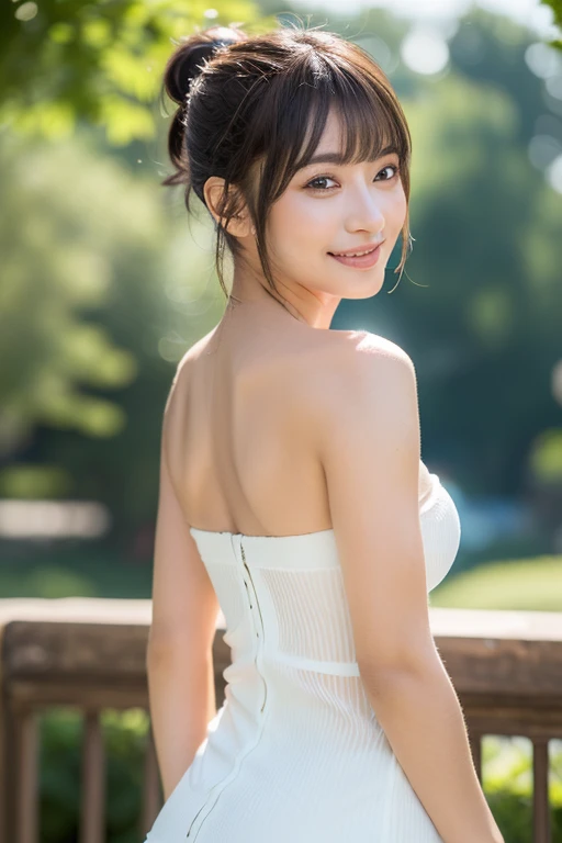 (((Best Quality, 8K, Masterpiece:1.3)), Focus: 1.2, Perfect Body Beauty: 1.4, Buttocks: 1.2, ((Layered Haircut, Breasts: 1.2)), medium breasts, slim waist, toned body proportions,
Bandeau Dress: 1.1, Naughty Smile, Highly Detailed Face and Skin Texture, Seductive eyes, Beautiful Eyes, Detailed Eyes, Double Eyelids, Whitened Skin, Short Hair side bangs, Bob Hair, ponytail, masterpiece, Bokeh, SFW, Safe For Work)