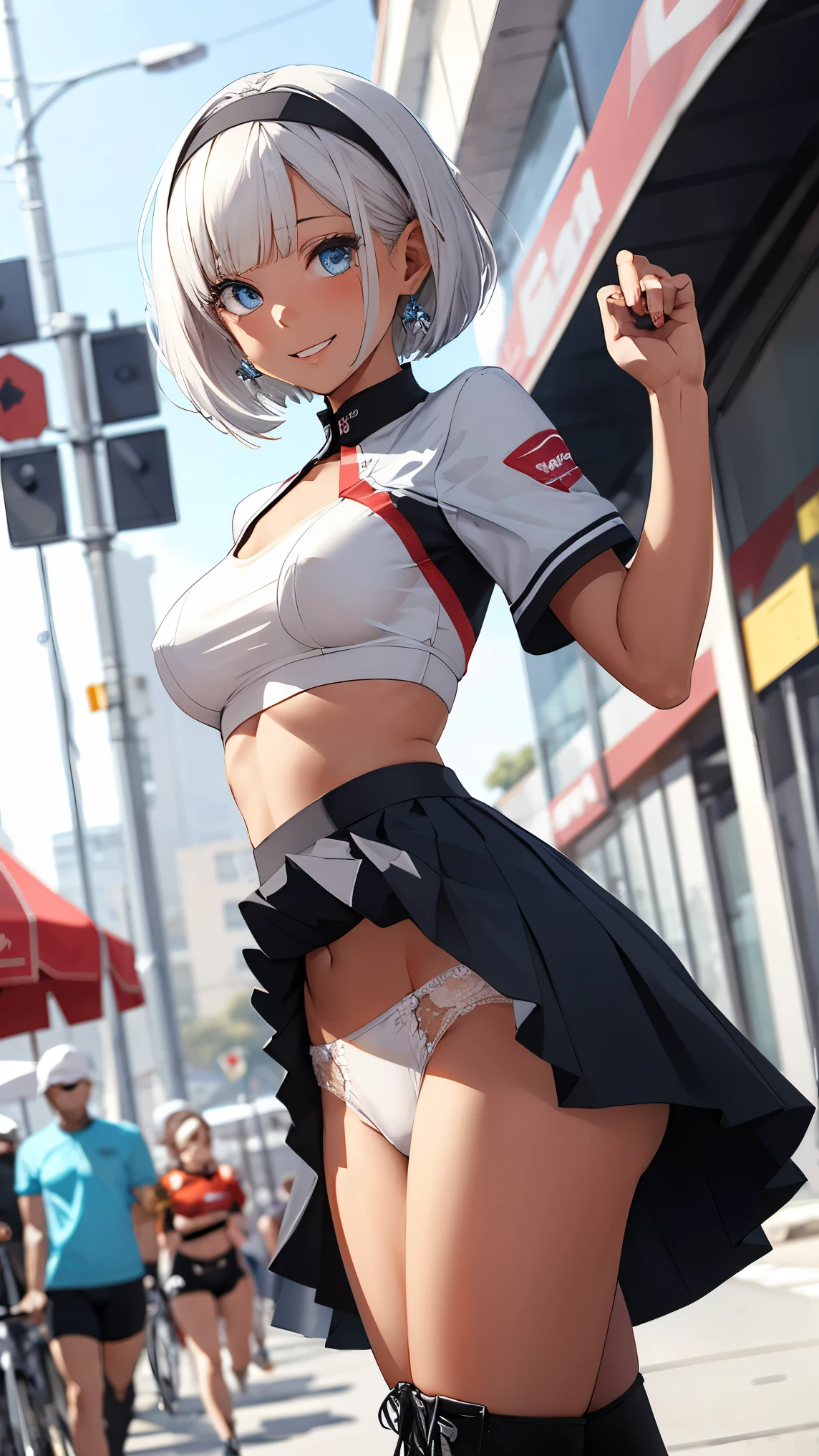 low angle shot, cowboy shot, ((skirt lift)), (((Showing white ))), anniversary, 1 Girl、Beautiful silver hair、((((Very short hair))))、Blue eyes、(hair band)、((Blunt bangs)), small breastsoob, 22 years old, (tsurime), Tight waist、happy smile、Natural lighting、Very cute face, Cute pose、Monte Carlo Street Circuit, Racing Car, Racing Bike, Promotion Girl, Grid Girls, The promotional costumes are exquisitely tailored., paying meticulous attention to detail, Lace-up boots, Short sleeve, Cropped tops, , Tube top bra, Knee-length, Exposing shoulders, Knee-lengthグリッターナイロンプリーツスカート, Asymmetrical medium size nylon pleated skirt, Promotional wear with logo, Red and white glitter promotional wear、Shallow depth of field