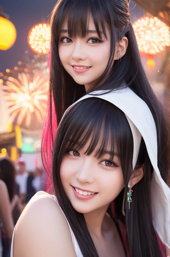 (((Real beauty))), RAW Photos, Black Hair、folder、Round eyes、False eyelashes、Straight hair, correct、Pink lipstick、Striped Hair、Brown Hair、Blue Hair、(Dark blue hair)、(Gradient Hair)、Asymmetrical hair、Hair behind the ear、Crossed bangs、Long Hair、(お尻までLong Hair)、Long Hair、Straight bangs、Smooth, Silky Hair、Hair up on one side、とんでもなくLong Hair、Light brown eyes、Ring Eye、Round eyes、Wicked Smile、A light smile、Cast a Shadow、(Extraordinary presence)、Atmospheric perspective、Backlight、Exposure、Lens flare、、最high quality、超High resolution、超High resolution、Very realistic, masterpiece、correct、Textured skin、high quality、最high quality、Awards、32K, 髪のfolder、Crafty、A light smile、Embarrassed laugh、Redness in the ears、correct、Subjective、Shine、360° View、Very detailed、超High resolution、解剖学的にcorrect、masterpiece、Accentuate your breasts、High resolution、Attention to detail、Long eyelashes、A slight blush、Compensate, (((Summer festival))),(((Fireworks display)))