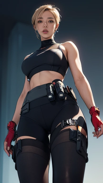 (A woman),(((A female special forces member stands))),((Red tactical tights:1.5)),((earphone:1.5)),((Tactical Holster:1.5)),(Gloves:1.5),(Serious:1.5),(Super short hair:1.5),(Blonde:1.5),(beautiful eyes:1.3),(Very detailedな顔:1.5),((Very detailed drawing of a female hand:1.5)),((muscular:1.5)),(Sexy appearance:1.5),((Thick thighs:1.5)),(Beautiful Body:1.5),((Very sensual:1.5)),(The backdrop is a futuristic city:1.5),(Cyberpunk atmosphere:1.5),(((Blurred Background:1.5))),(Written border depth:1.5),rest(((masterpiece:1.5),(best quality:1.5),(Very detailed:1.5),(high resolution:1.5),(Practical:1.5),(Practical:1.5),(Delicate depiction),(Carefully drawn))),8K,wallpaper,((From below:1.2))