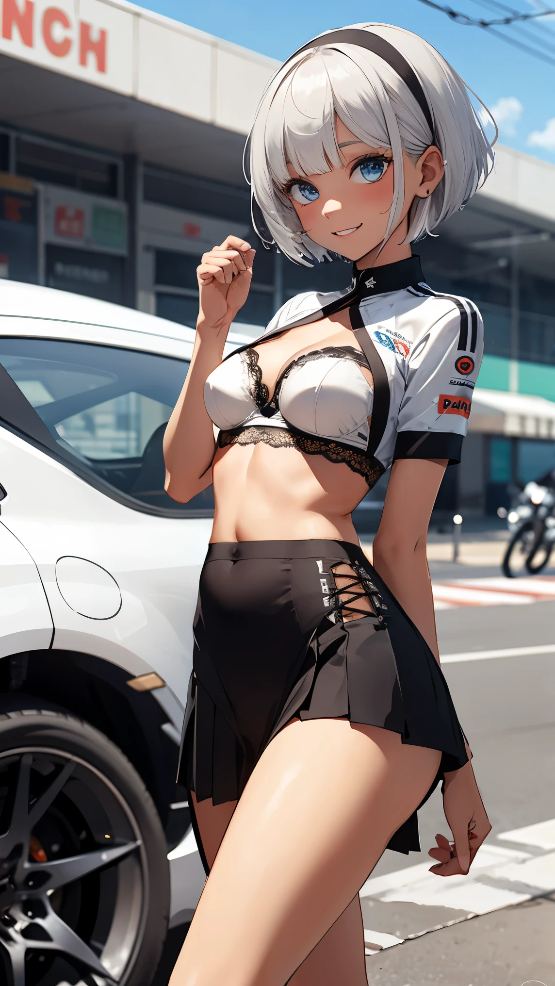 low angle shot, cowboy shot, skirt lift, (((panties))), Celebrate a birthday, 1 Girl、Beautiful silver hair、((((Very short hair))))、Blue eyes、(hair band)、((Blunt bangs)), small breasts、underboob, 22 years old, (tsurime), Tight waist、happy smile、Natural lighting、Very cute face, Cute pose、Monte Carlo Street Circuit, Racing Car, Racing Bike, Promotion Girl, Grid Girls, The promotional costumes are exquisitely tailored., paying meticulous attention to detail, Lace-up boots, Short sleeve, Cropped tops, , Tube top bra, Knee-length, Exposing shoulders, Knee-lengthグリッターナイロンプリーツスカート, Asymmetrical medium size nylon pleated skirt, Promotional wear with logo, Red and white glitter promotional wear、Shallow depth of field