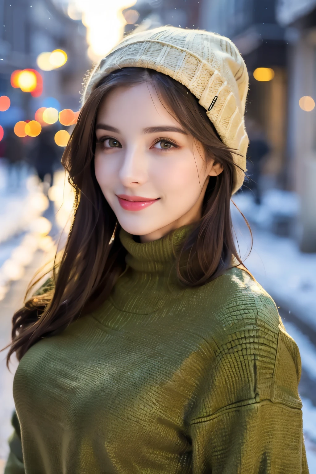 (best quality,highres,ultra-detailed),(realistic:1.37),portrait,painting,(oil painting:1.2),individual,young girl,23 years old,brown eyes,beautiful detailed eyes,beautiful detailed lips,extremely detailed eyes and face,long eyelashes,wavy brown hair,fine hair detailed,full figure,tall and slender body,confident pose,long hair tied up,short hair details,green winter clothing,stylish and fashionable outfit,wearing a trendy winter hat,model,standing on a snowy street,holding a snack in her hand,expressive and engaging eyes,alluring smile,sexy breasts,feminine curves,random photo pose,vivid colors,soft and warm lighting,cozy winter atmosphere