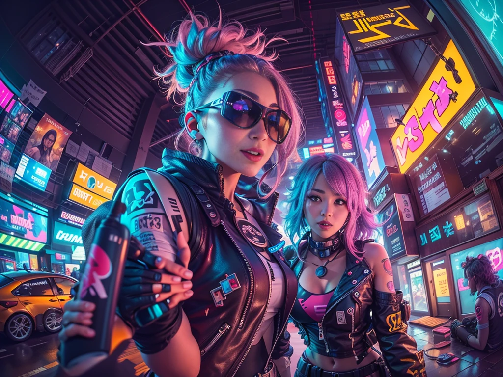 ((2 cyberpunk girls wearing colorful Harajuku style pop outfit)), ((((fisheye lens)))), cowboy shot, wind, messy hair, ((cyberpunk 2077 cityscape)), (cyberpunk aesthetics and atmosphere:1.3), bright colors, smiling, ((cinematic lighting))