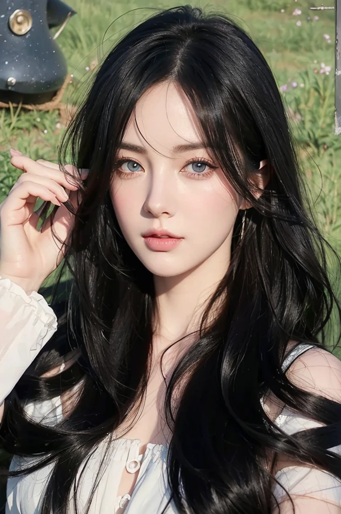girl with long black hair and blue eyes in a field, in the art style of bowater, beautiful portrait, detailed portrait of girl, style portrait, beautiful anime art style, artwork in the style of guweiz, realistic