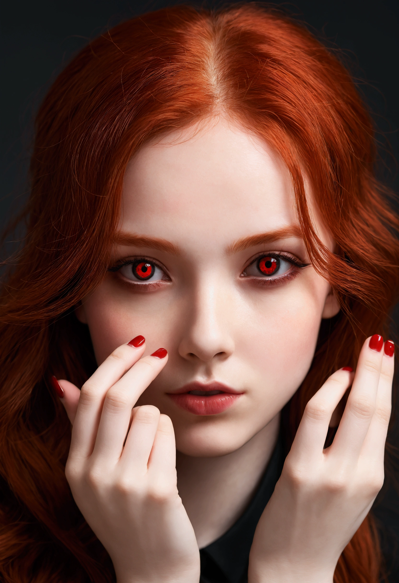 1 girl,redhead,red eyes,beautiful,two finger pose,high quality,4k