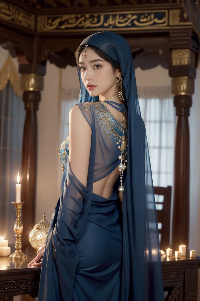 (((best quality))),(((ultra detailed))),(((masterpiece))),illustration,((1girl,Arabian dancer,solo)),(blue hijab:1.3),((slim,thin)),((bare back,towering hips,butt crack)),((earrings,necklace)),((pearls,jewels,gemstones)),(night scene:1.3),(standing:1.3),(in luxurious palace:1.3),(indoor:1.3),(gorgeous embroidered blue sheer abaya:1.3), intricate patterns,((Arabian theme,Middle Eastern culture)),(shoulder length straight hair:1.2),(sheer veil on face:1.3),mystery, ornate furnishings, decorations, enchantment, magic, Persian magic carpet,night sky, floating,Aladdin's lamp, flame, fulfillment of desires,candlelight,romance,One Thousand and One Nights, coherent narrative, dreamlike atmosphere, deep emotions, graceful movements, passion, face beneath the veil, beloved's dream, timeless beauty, enchantment,magical world, wondrous journey,((from back,upper body))