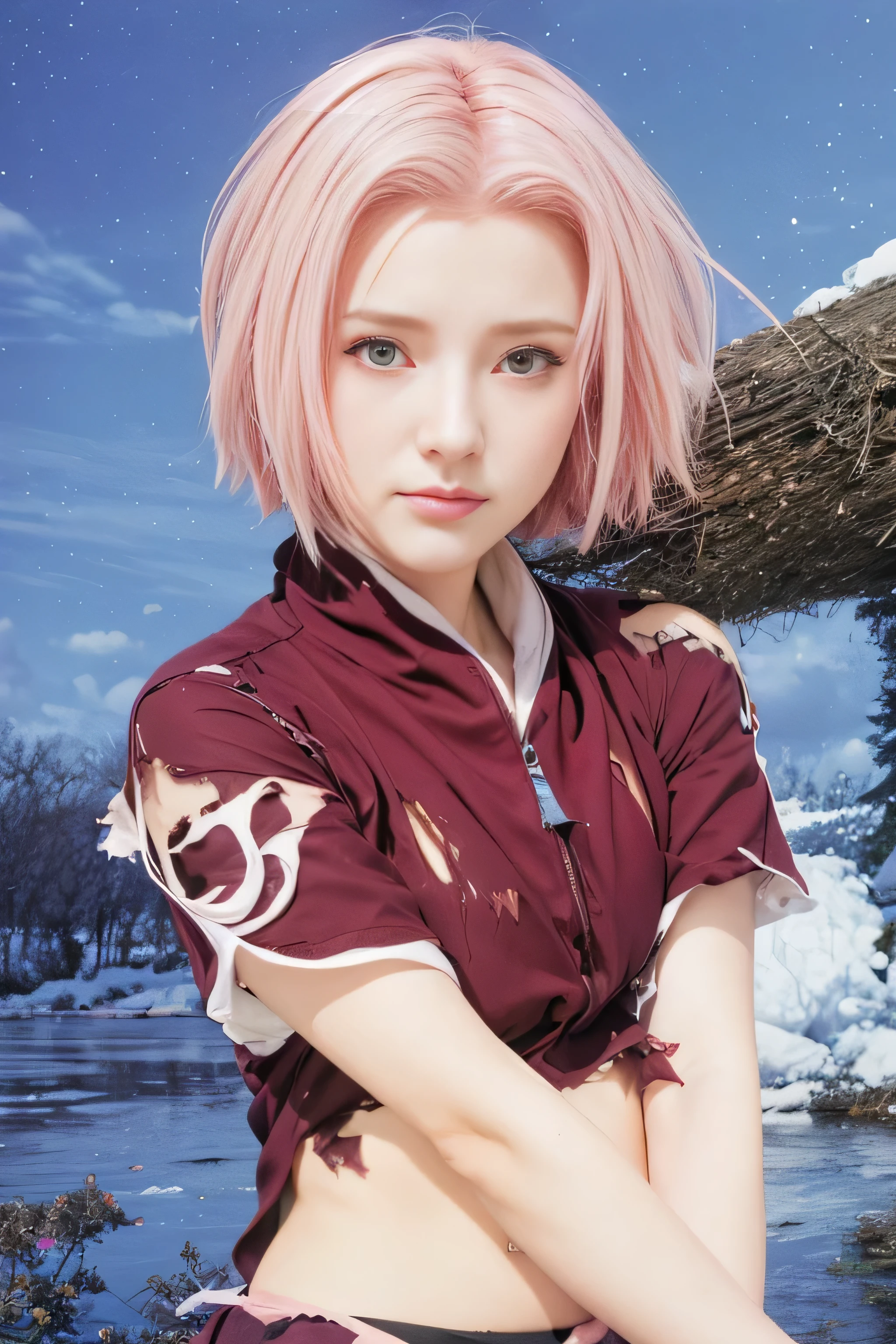 masterpiece, best quality, (realistic,photo-realistic:1.4), (RAW photo:1.2), extremely detailed CG unity 8k wallpaper, delicate and beautiful, amazing, finely detail,official art, absurdres, incredibly absurdres, huge filesize, ultra-detailed, extremely detailed, extremely detailkcaled girl,extremely detailed eyes and face,haruno sakura,light on face,little smiles,(short hair:1.4),(pink hair:1.4),nature,small breast,(torn clothes:1.5)