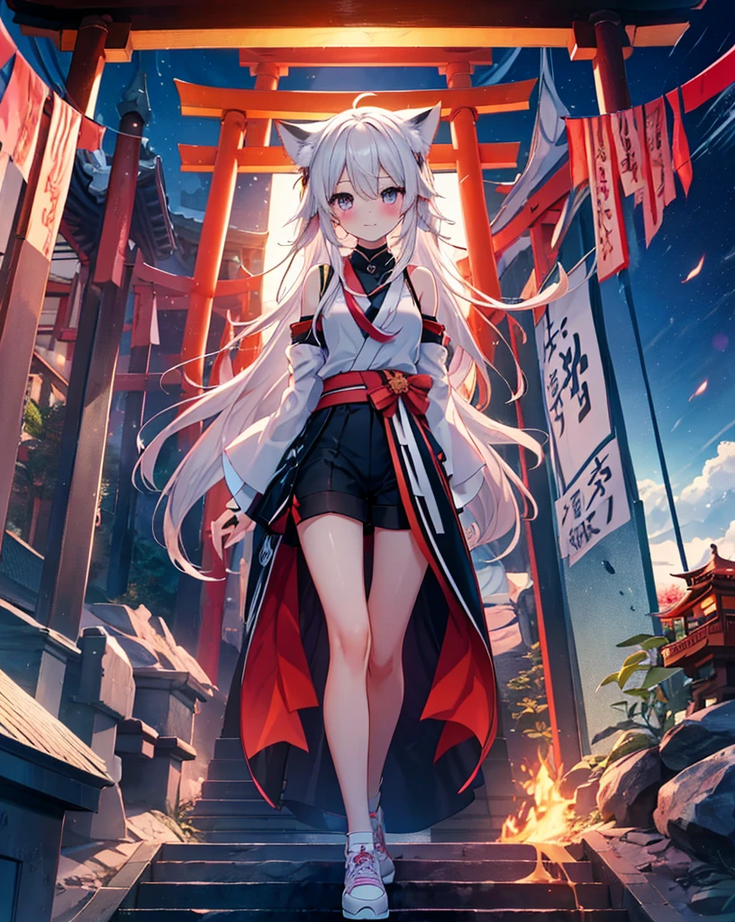 GENERAL DETAILS
(Highest quality, Masterpiece: 1.2), (Solo), 4K, 8k, hdr, ultra vibrant colors, detailed
cute shot
CHARACTER DESCRIPTION
1girl, cat ears, neko ears, fox tail.
she's my girlfriend.
solo, gold_eyes, white_hair.
smile, long_hair, hair_between_eyes, Cute smile, she's flirting, looking_at_viewer, she blush.
Vivid pupils.
A girl immersed in the world of anime High school description Noise.
CLOTHES
bare shoulder,
ribbon on hair, Red Ribbon as necktie, black transparent black shirt, white shorts, red ribbon on hair, white nike sneakers with black details.
AMBIENT
Japanese mountain, Red Torii, Blue sky, white clouds, hdr sky,(Anime coloring book sky), Heaven, cliff, mirage, meteorite, 1moon.
CORRECTION
easy hand pose
ACTION
She is Climbing the steps of Torii course To reach a Japanese temple surrounded by nature.
She is walking in front of me, she has partially turned towards me to hold out her hand as we go up the temple stairs