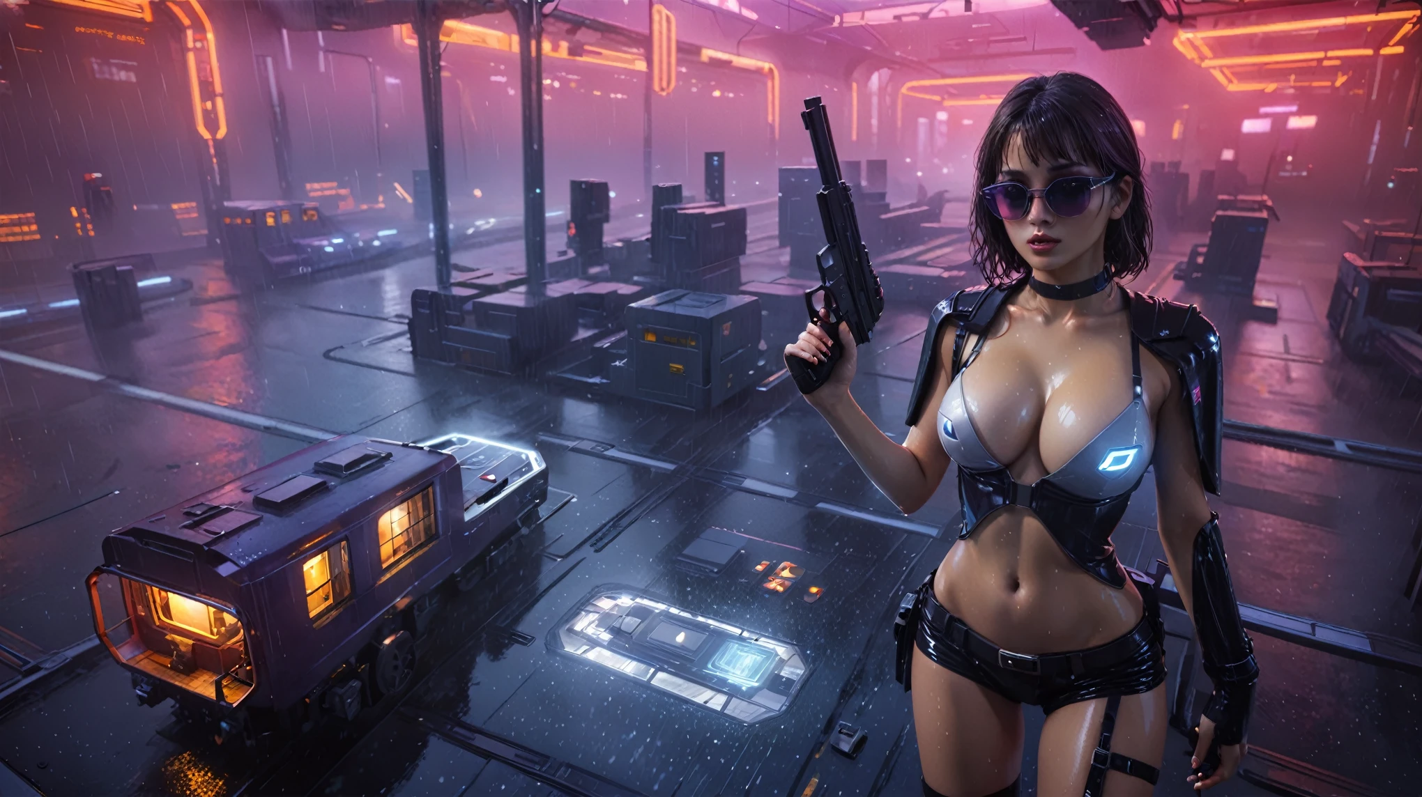 (aerial view), Blade Runner style futuristic railway platform, hi-tech train, neon lights, rainy night. (((1girl, solo, alone))), large-breast:1.1 D-cup slim:0.9 body, cleavage:1.1, sexy miniskirt, (black sunglasses), ((holding a mini:1.2 pistol)), dynamic pose, half-body thigh level medium shot, cinematic lighting, ray tracing.