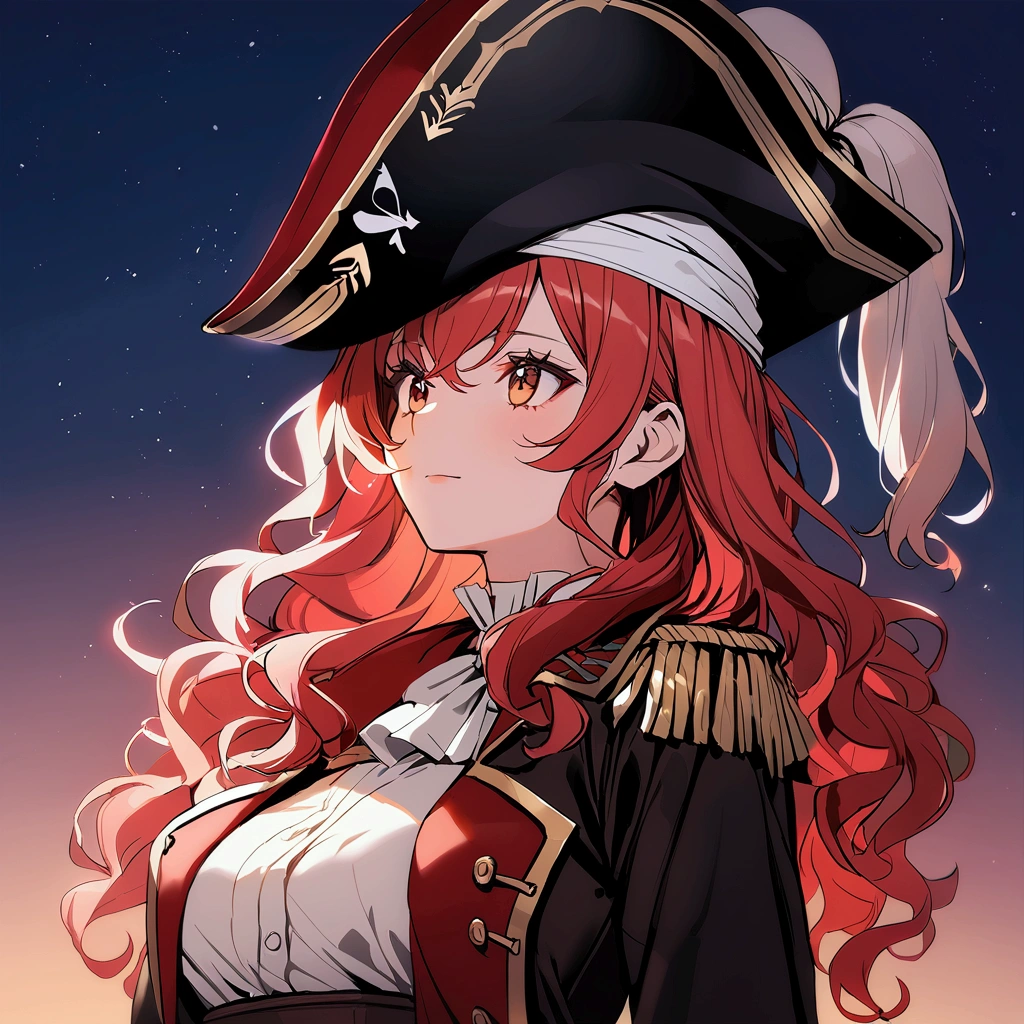1woman, red hair, wavy hair, military coat, white shirt, pirate hat, night sky background