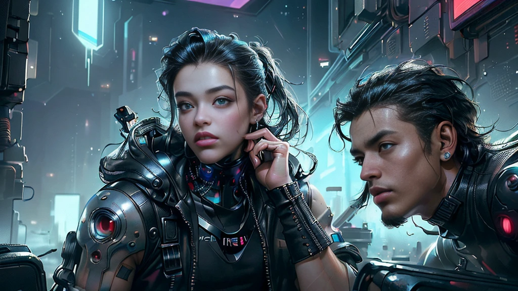 Tech boy,(quality、8K、32K、masterpiece、north african free trade area:1.3)、(Ultra-high realism:1.4)、Original photography,perfect eyes,Charming perfect figure,upper body image、actionpose:1.2,Detailed cyberpunk fashion、Cyberpunk world,depth of fields,The background is blurred out,、Space astronauts